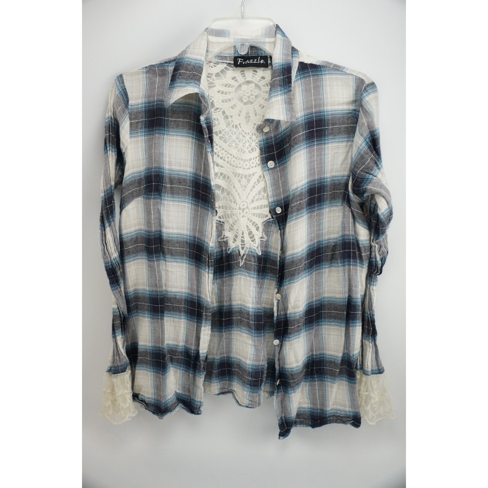 Frazzle Plaid Button Down‎ Shirt S Blue White Lace Back Long Sleeve Excellent